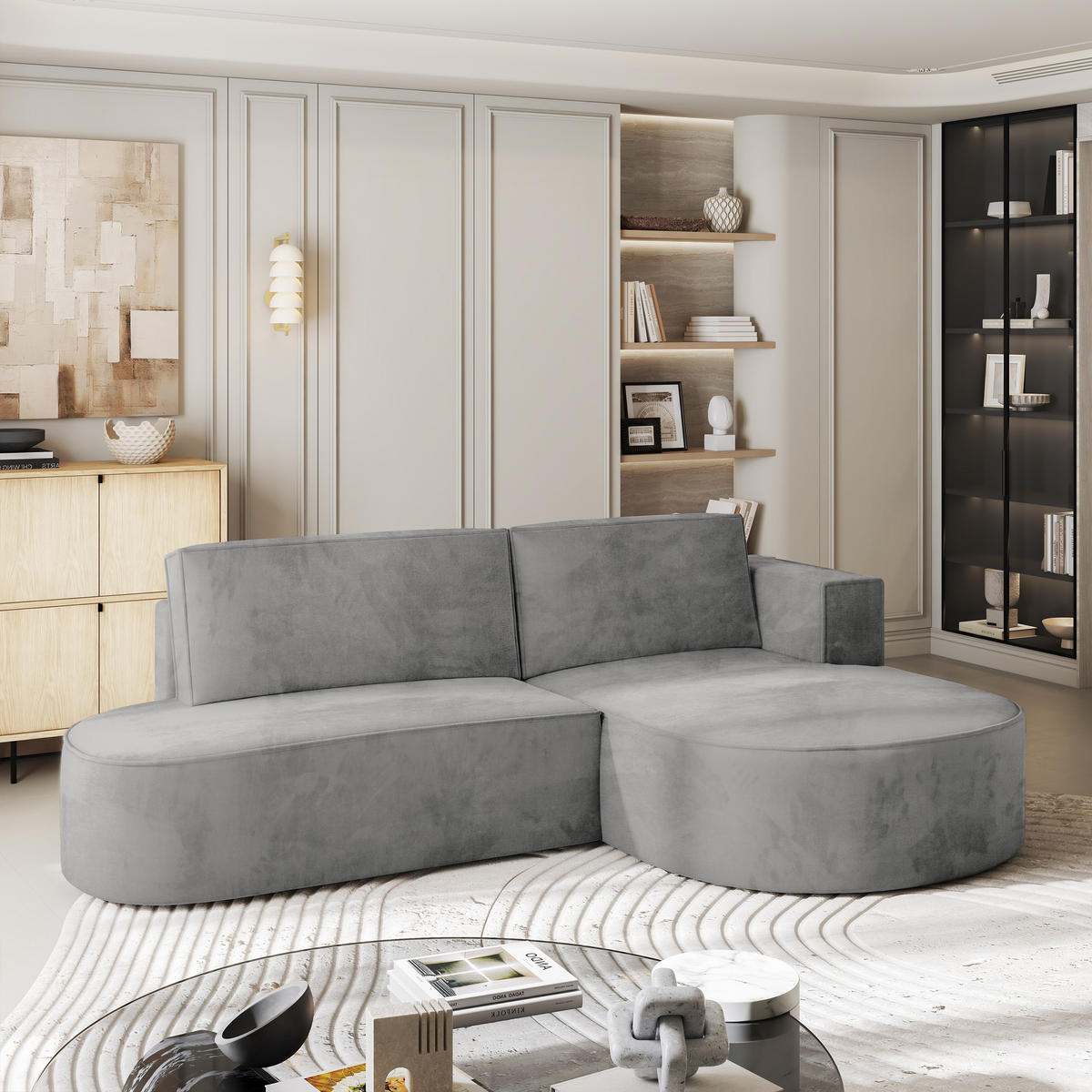 ECKSOFA CORTIO M R-S Grau Velours-Stoff mit Schlaffunktion - Grau, Holz (265/174cm) - MASSENO