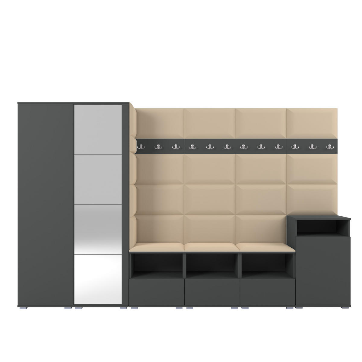 GARDEROBE NELA XII 300 cm (Modulare Flurmöbel Graphit mit Spiegel & Sitzpolster Beige 04 Gigantisches Set) - Beige/Silberfarben, Holz/Holzwerkstoff (300/187/40cm) - Ravio