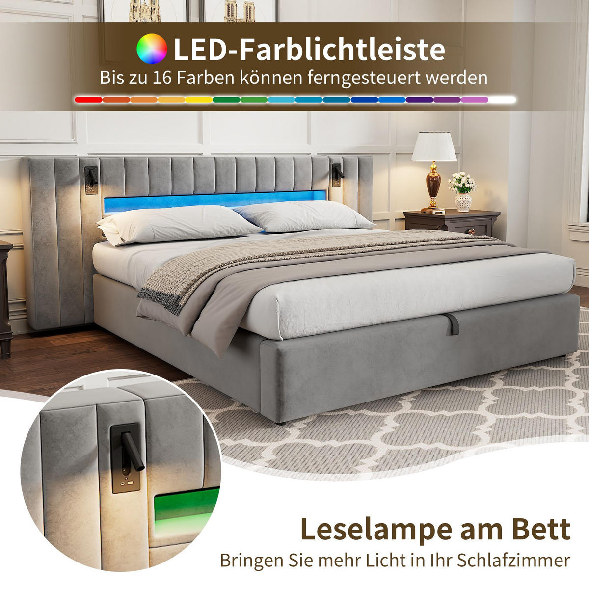 POLSTERBETT 180 x 200cm mit USB-Anschluss in grau Samt - Grau, Holz/Textil (180/200cm) - KOMHTOM