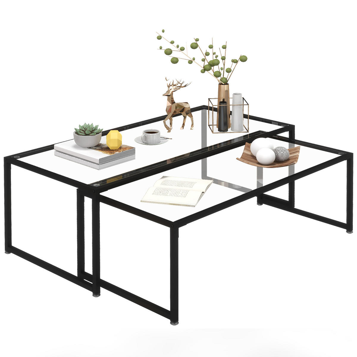 COUCHTISCH-SET, Glas, Stahl, Transparent - Transparent, Glas/Metall (119/56/44.5cm) - HOMCOM