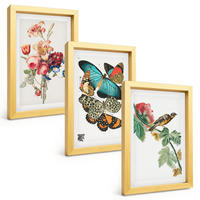 BILDER SET 3er Set - 20x30 cm Goldrahmen - Blumen, Schmetterlinge, Vögel, Pastellfarben - Goldfarben, Kunststoff (20/30cm) - TULUP