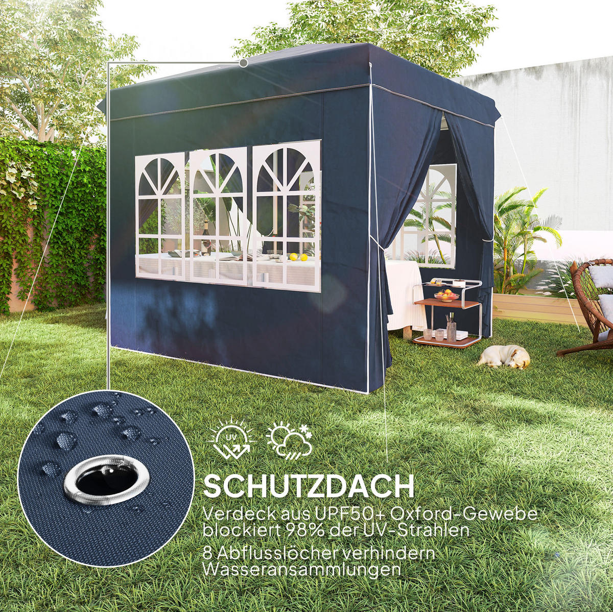 FALTPAVILLON 248/248/270 cm mit Pop-up-Mechanismus, 3-fach höhenverstellbar und 4 Seitenteilen, Blau - Blau, Textil (248/270/248cm) - Redom