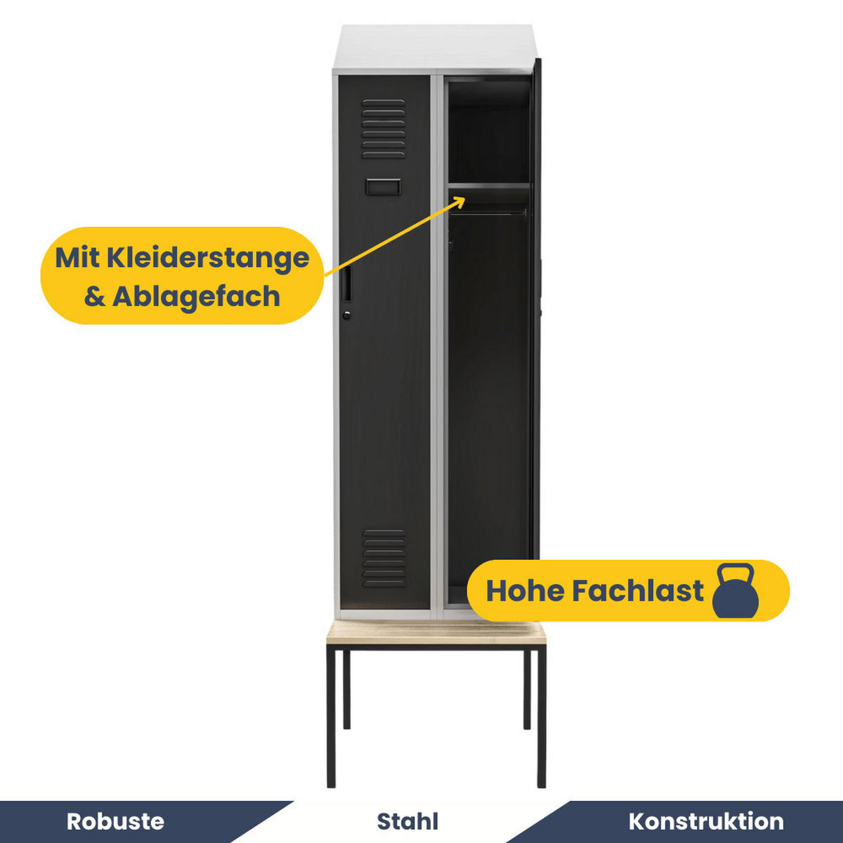 UMKLEIDESCHRANK Spind mit Sitzbank BARCA 2 Abteile 229,5x60x85cm Grau-Anthrazit - Grau, Metall (60/229.5/85cm) - DELUKE