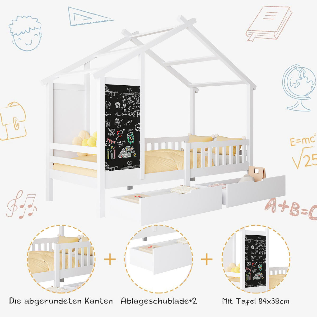 HAUSBETT 90x200cm mit 2 Schubladen, Weiß - Weiß, Holz (90/200cm)