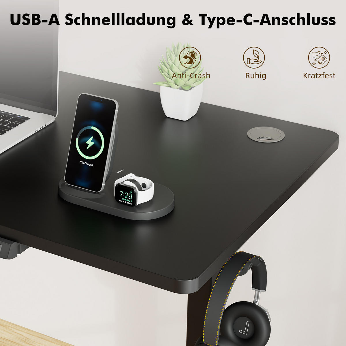 SCHREIBTISCH elektrisch höhenverstellbarer 60 x 120 cm, mit USB-A- und Type-C-Ladeanschlüssen, mit Memory- und Kollisionsschutzfunktion - Schwarz, Metall (120/60/120cm) - HOMAVO