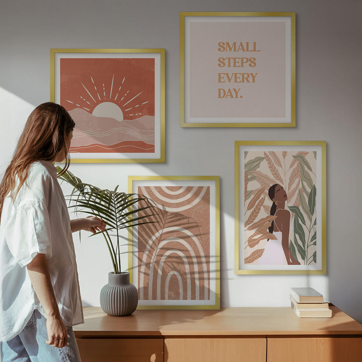 WANDBILDER 4er Set - 50x50 cm & 40x60 cm Goldrahmen - abstrakte Formen im Boho-Stil - Goldfarben, Kunststoff (50/50cm) - ArtPrintCave