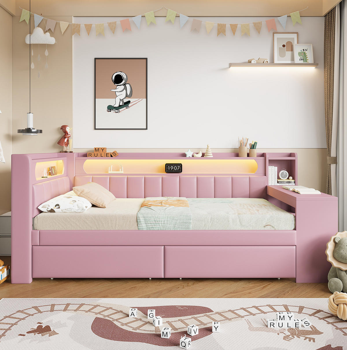 KINDERBETT 90/200 cm Rosa mit LED-Beleuchtung USB-Anschluss Schreibtisch und Schubladen - Rosa, Textil (90/200cm) - OKWISH