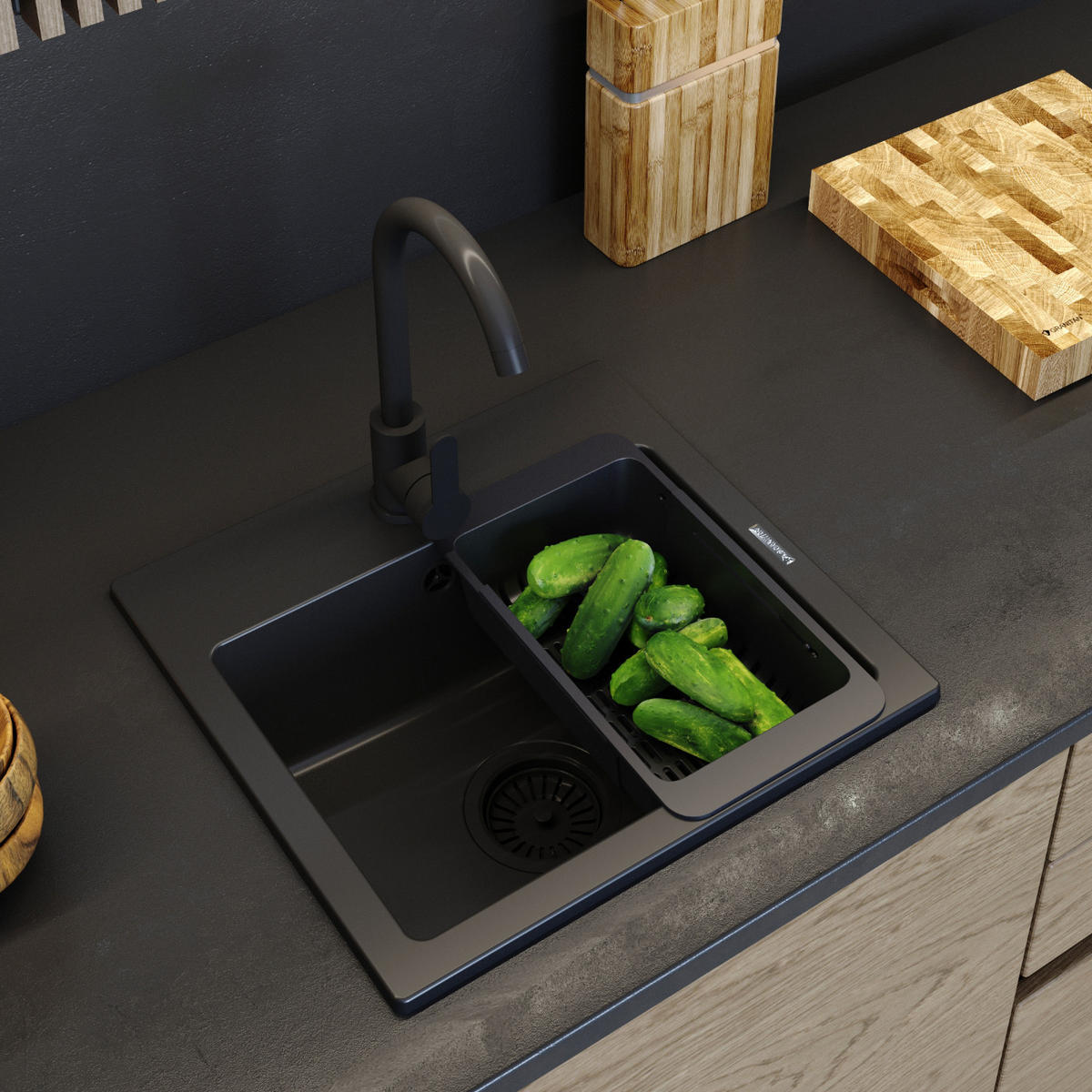 GRANITSPÜLE Teor mit Batterie Siphon - Schwarz, Kunststoff/Stein (42/17/46cm) - Granitan