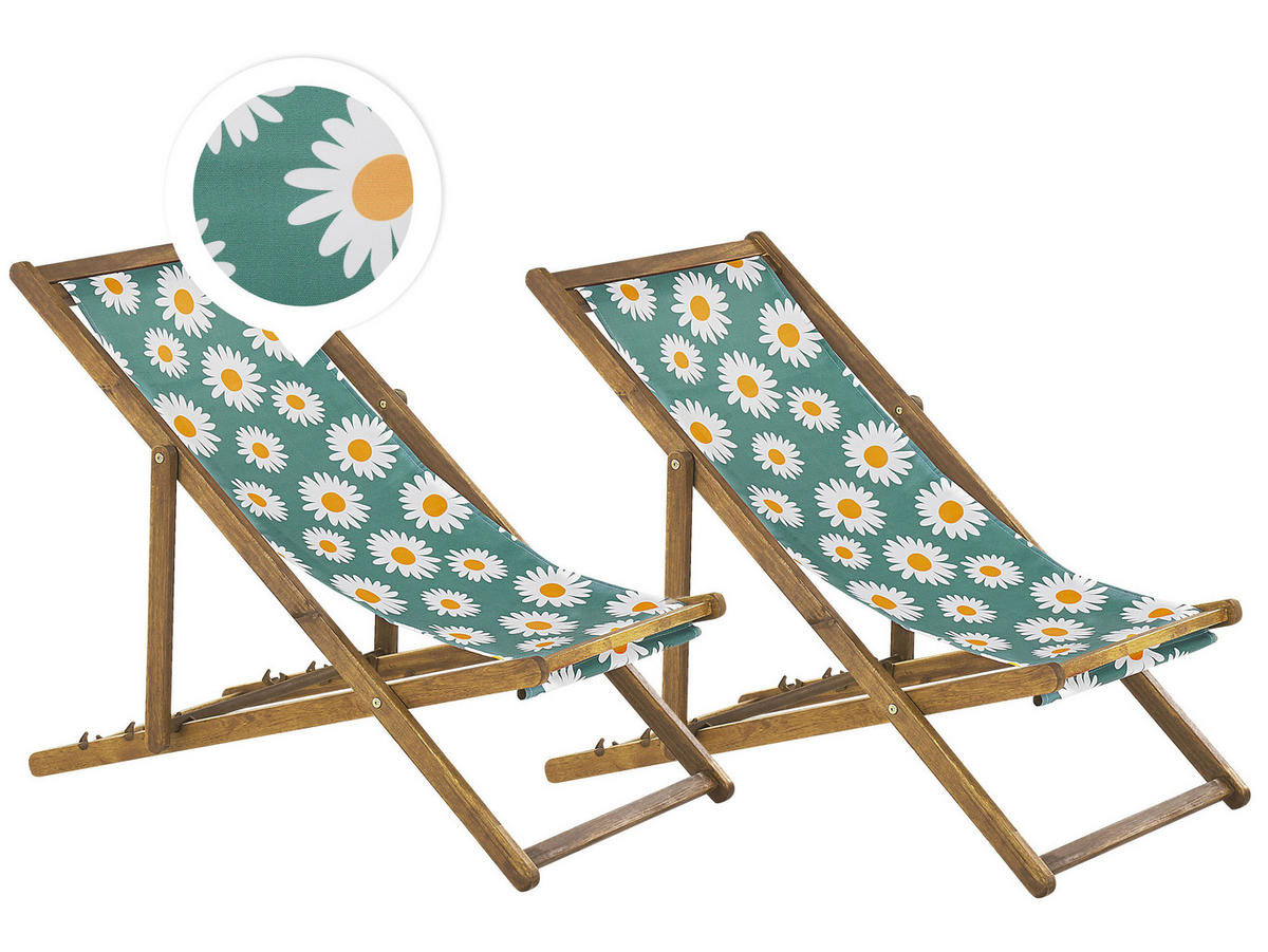 GARTENLIEGE 2er-Set hellbraun Textil weiß/mehrfarbig Kamillemuster Anzio - Türkis/Hellbraun, Textil (54/70/97cm) - Beliani