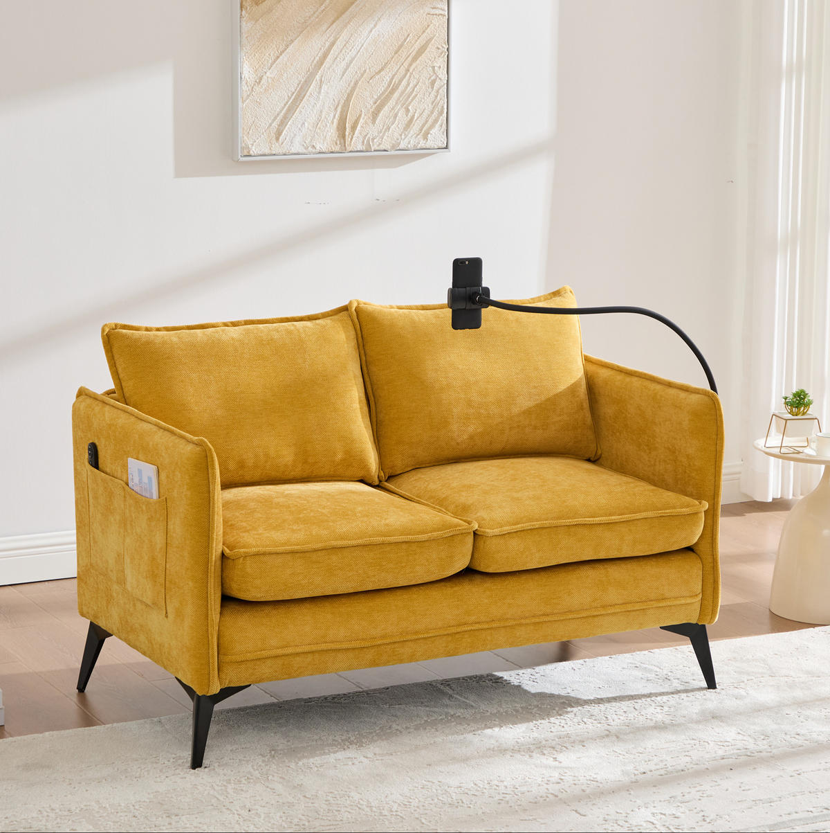 2-SITZER-SOFA aus Chenille 127x69x66 cm Gelb mit Handyhalter und Seitentaschen, kompakt für kleine Wohnräume - Gelb, Textil (69/66/127cm) - Modfu