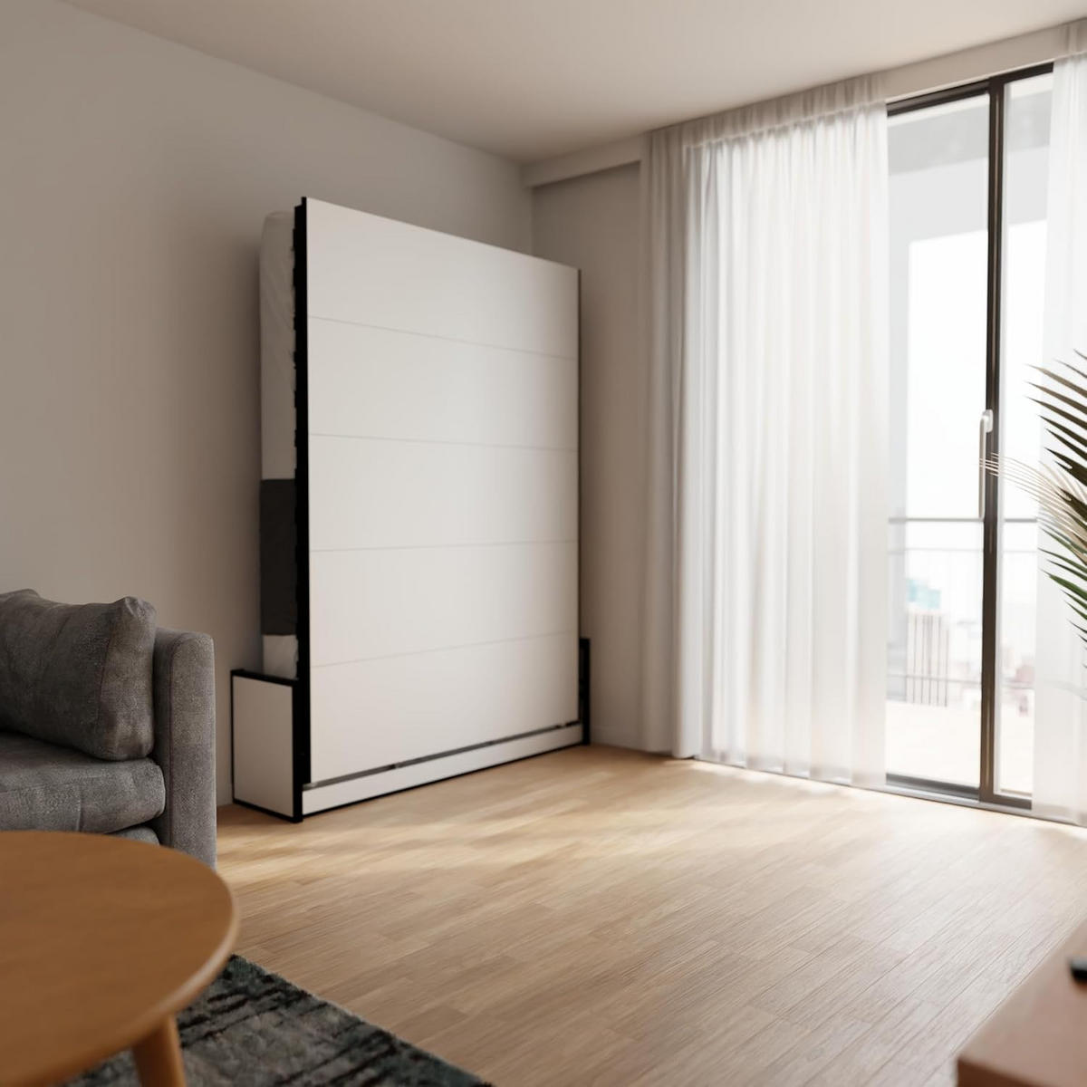 WANDBETT Murphy Studio 160x200 Vertikal, mit Gasdruckfeder-Mechanismus - Brombeere/Graphitfarben, Holzwerkstoff/Metall (160/200cm) - WallBedKing