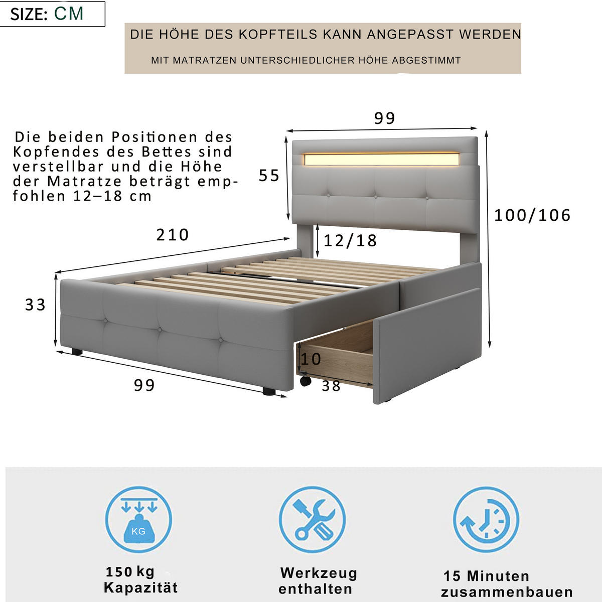 POLSTERBETT 90/200 cm mit LED-Beleuchtung, 2 Schubladen und verstellbarem Kopfteil, Grau - Grau, Textil (90/200cm) - Redom