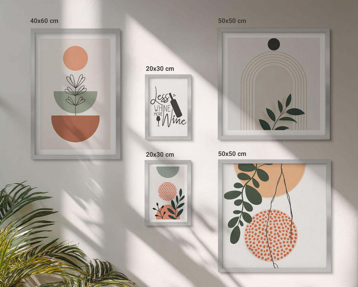 WANDBILDER 5er Set - 50x50 cm & 20x30 cm & 40x60 cm Silberner Rahmen - Abstrakte Pflanzenformen - Silberfarben, Kunststoff (40/60cm) - ArtPrintCave