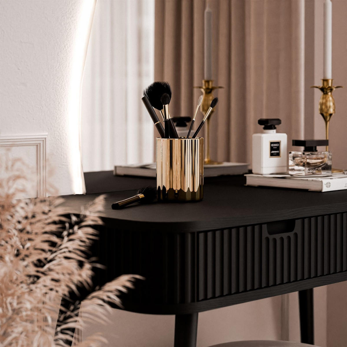 SCHMINKTISCH ZAIRA-QS mit LED Spiegel Linke Schwarz - Schwarz, Holzwerkstoff (103/80/49cm) - Lookway