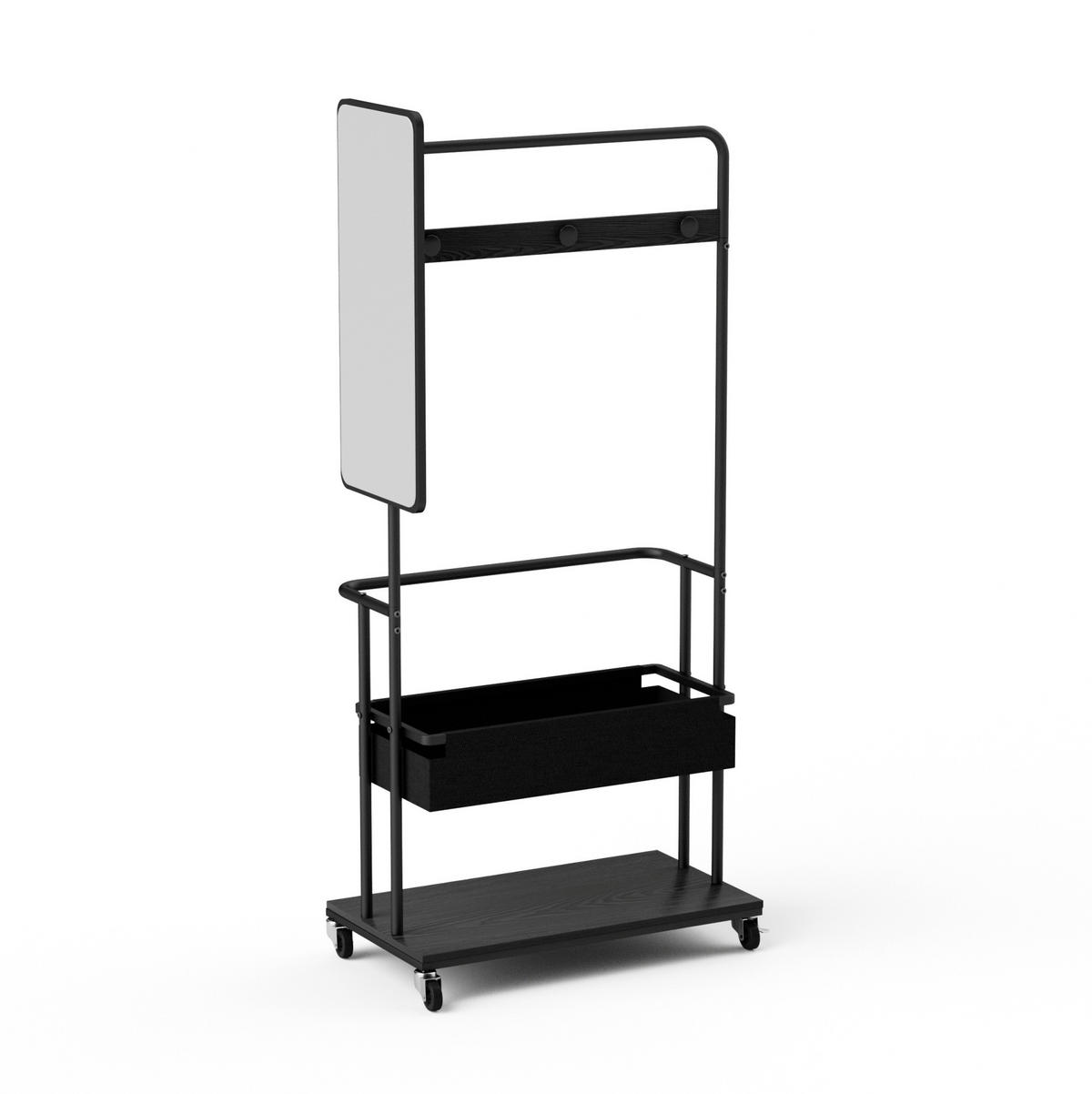 KLEIDERSTÄNDER 70/40/170 cm mit Rollen, Spiegel und Stoffkorb, platzsparendes 3-in-1-Design, Schwarz - Schwarz, Holzwerkstoff (70/170/40cm) - Redom