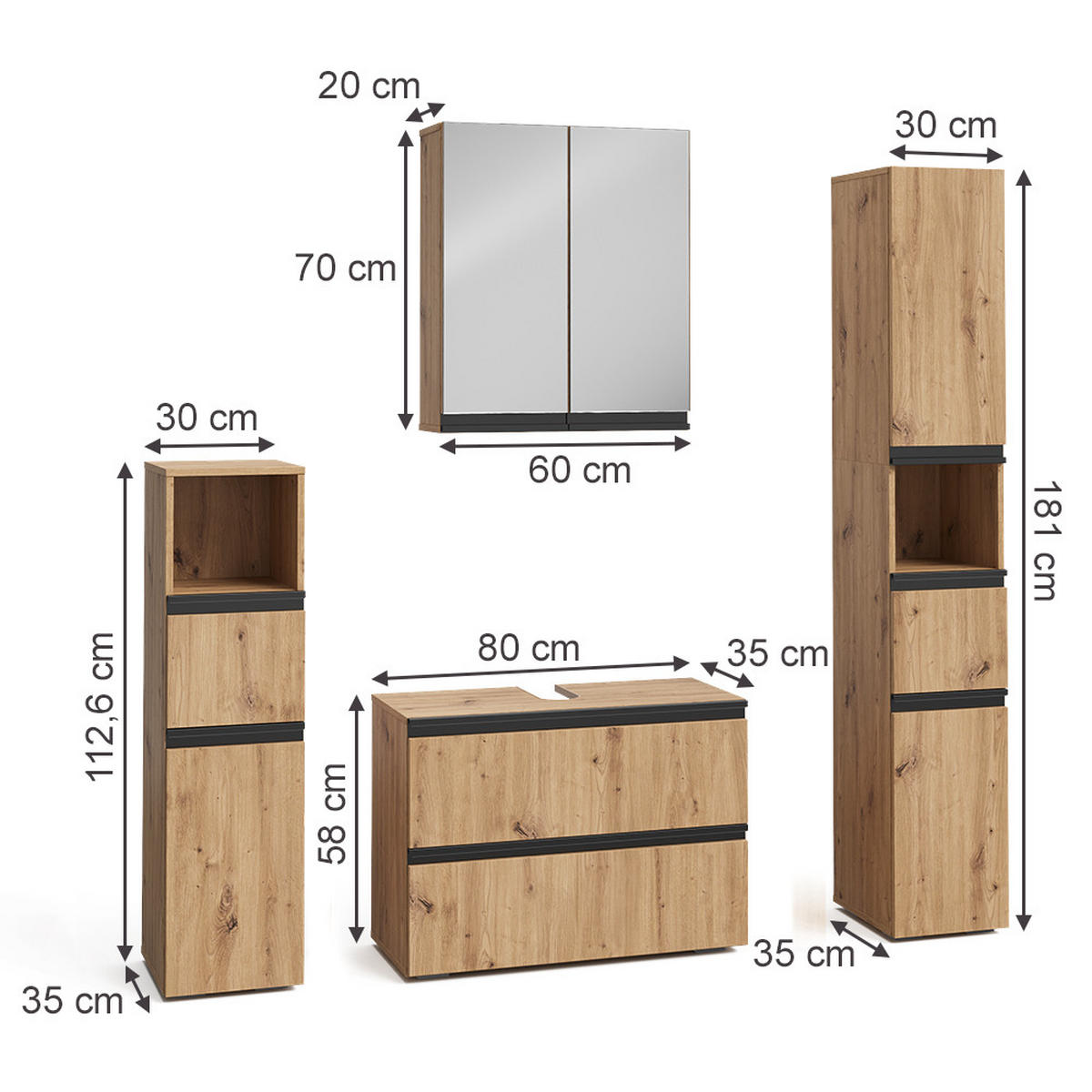 BADMÖBEL-SET Torren Artisan 4 Teile - Hellgrau, Holzwerkstoff (80/58/35cm) - Vicco