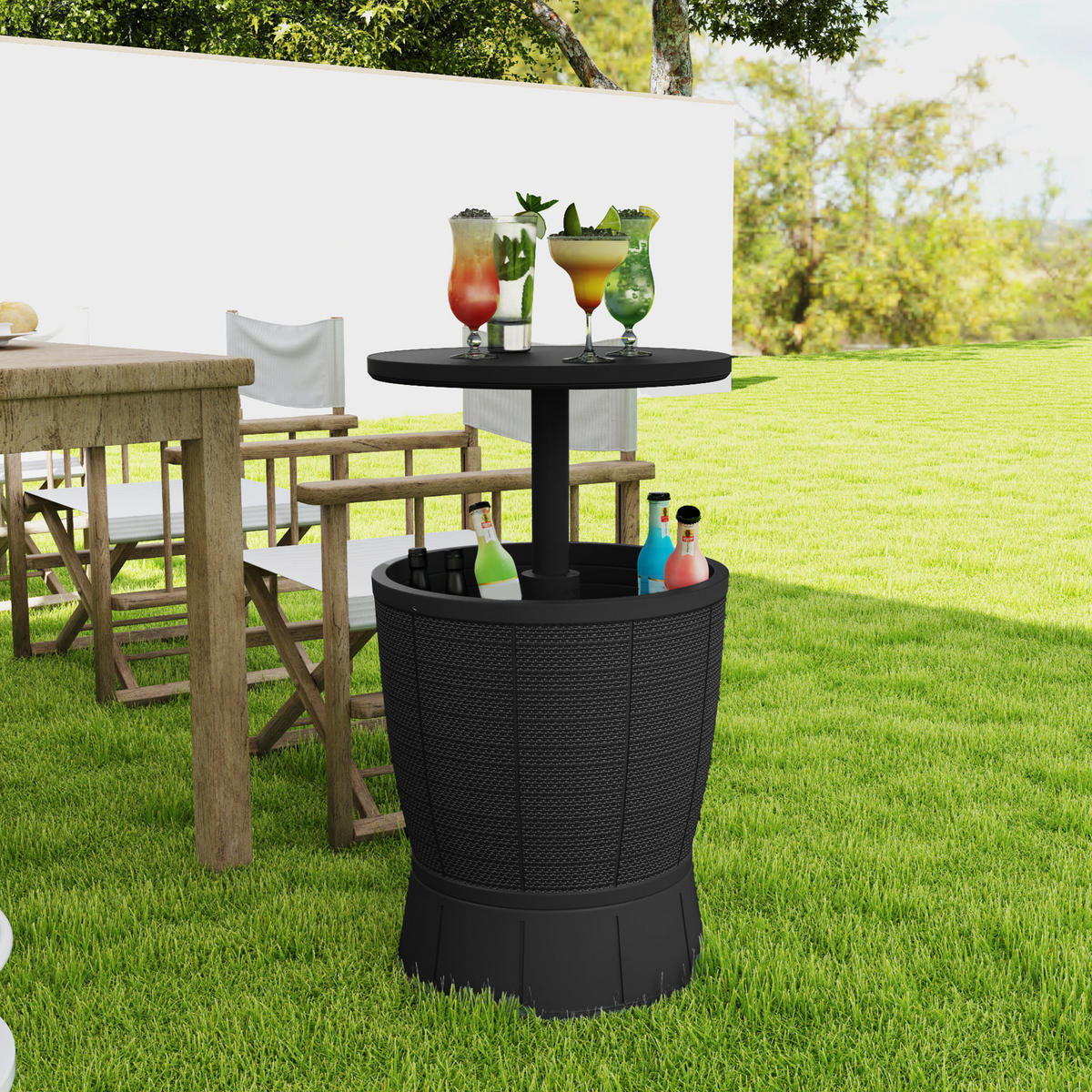 GARTENTISCH DE-14192 3-in-1 mit Eisbehälter, höhenverstellbar Schwarz - Schwarz, Kunststoff (49/49/84cm) - ComfortXL