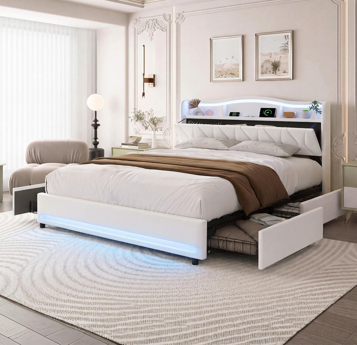 POLSTERBETT 160x200 cm Beige mit LED, USB-C, 4 Schubladen - Beige, Holz (160/200cm)