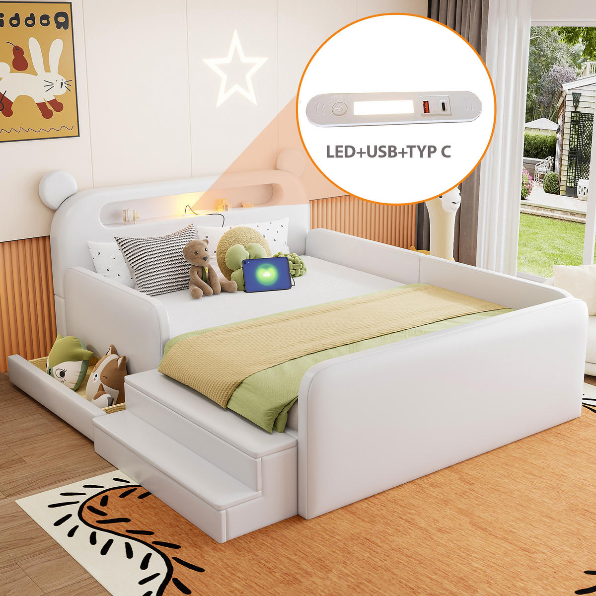 KINDER POLSTERBETT 140x200 Bär Kopfteil USB Stauraum Nachtlicht Weiß - Weiß, Holzwerkstoff (140/200cm) - FLIEKS