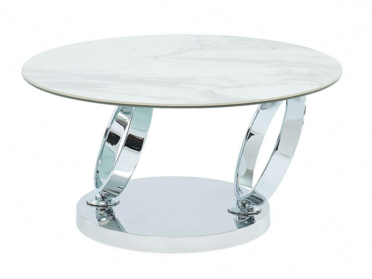 COUCHTISCH mit drehbaren Tischplatten - Keramik & Glas - Weiß mit Marmor-Effekt - JOLINE - Chromfarben, Stein (131.5/80/42cm) - Vente-Unique