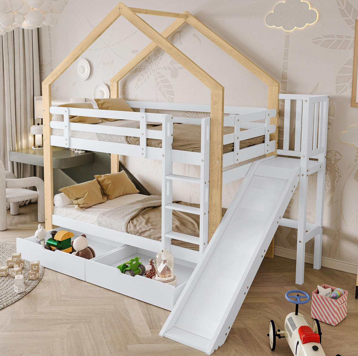 ETAGENBETT aus Kiefer und MDF 90x200 cm Weiß/Natur mit Rutsche, Leiter, 2 Schubladen und Hausdesign - Weiß, Holzwerkstoff (90/200cm) - Modfu