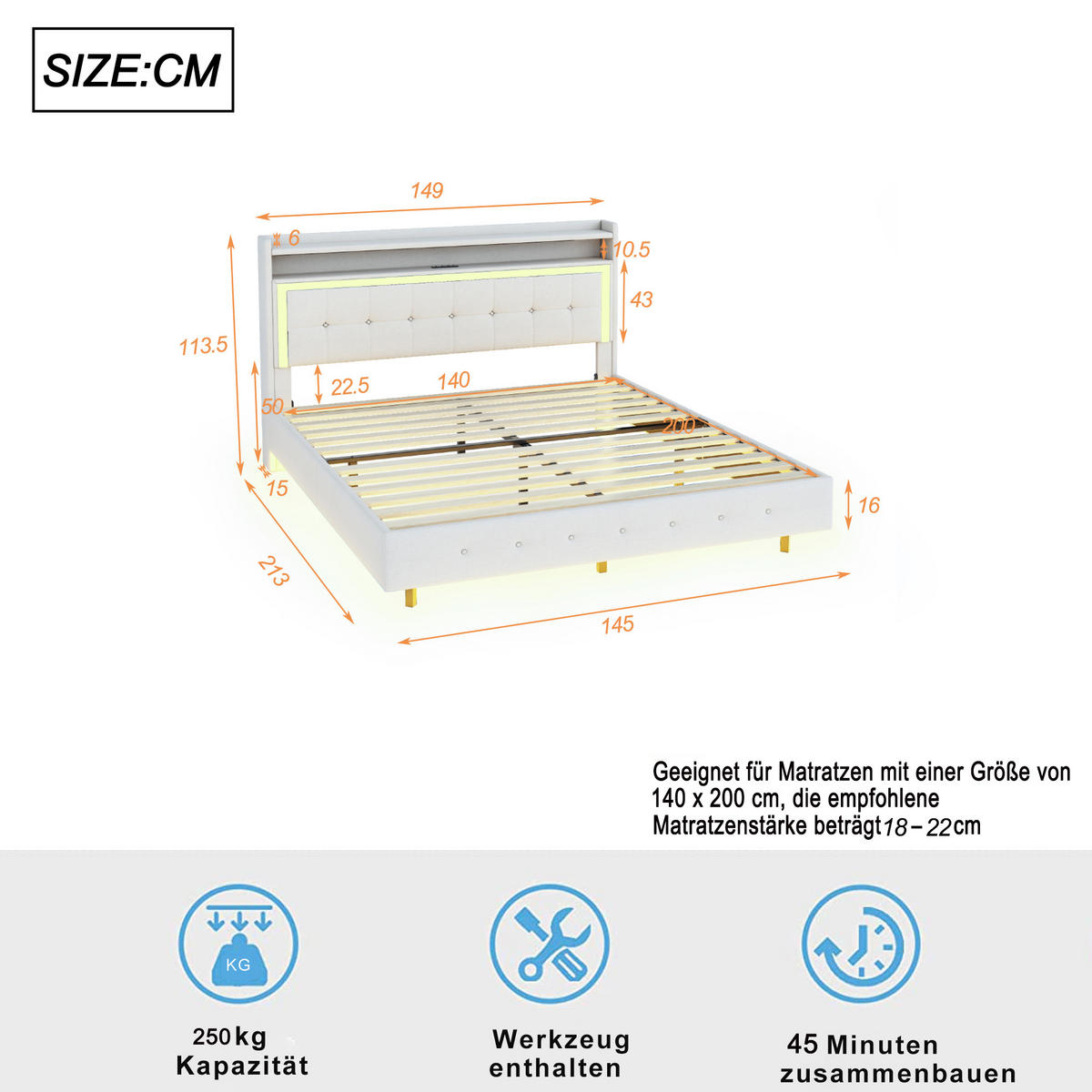 POLSTERBETT 140/200 cm Beige mit USB-Steckdose und LED-Beleuchtung - Beige, Textil (140/200cm) - OKWISH
