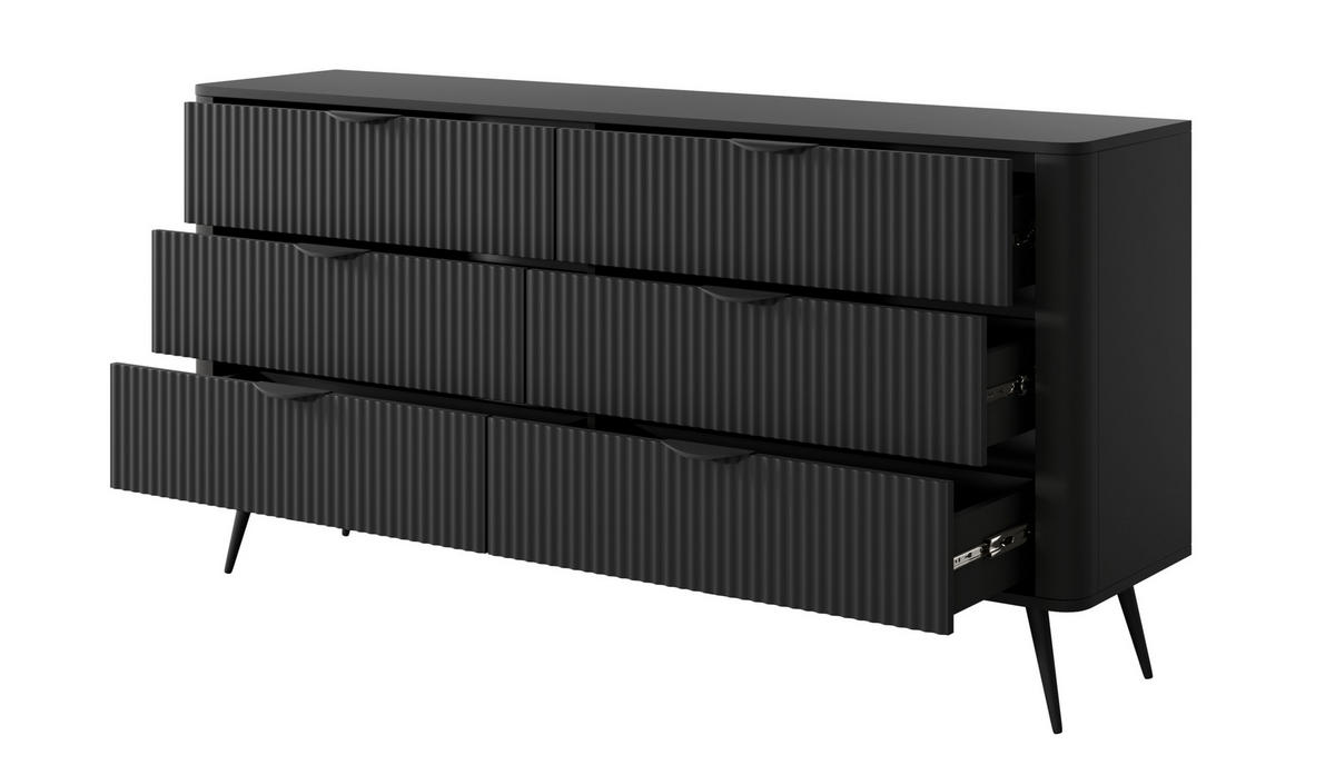 SIDEBOARD Vespasia 6S Schwarz 163,2/81,2/38 cm – Geriffelten Fronten - Schwarz, Holzwerkstoff/Metall (163/81.2/38cm) - AX Living
