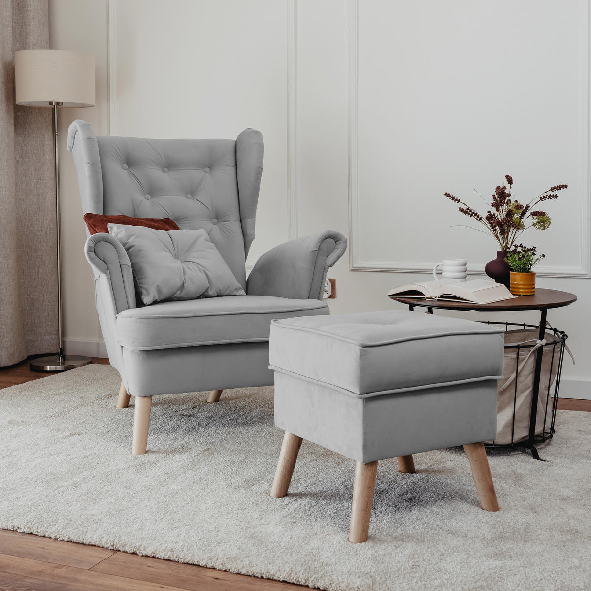 SESSEL mit Fußhocker Classic - Hellgrau, Holz (92/107/80cm) - Idohome