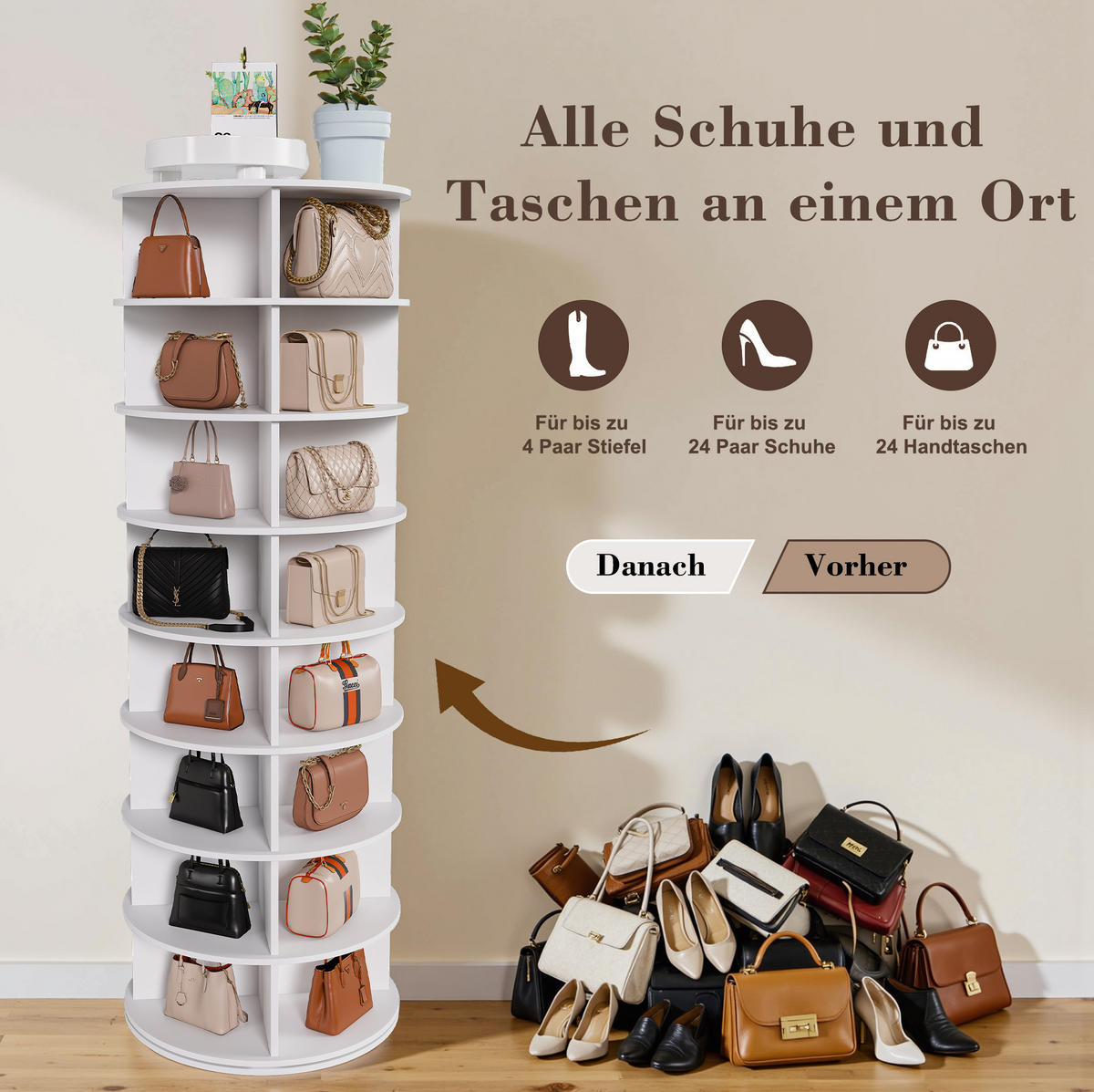 SCHUHREGAL 60/60/184 cm in Weiß, drehbar mit 8 Ebenen - Weiß, Holzwerkstoff (184/60/60cm) - Flora Grace