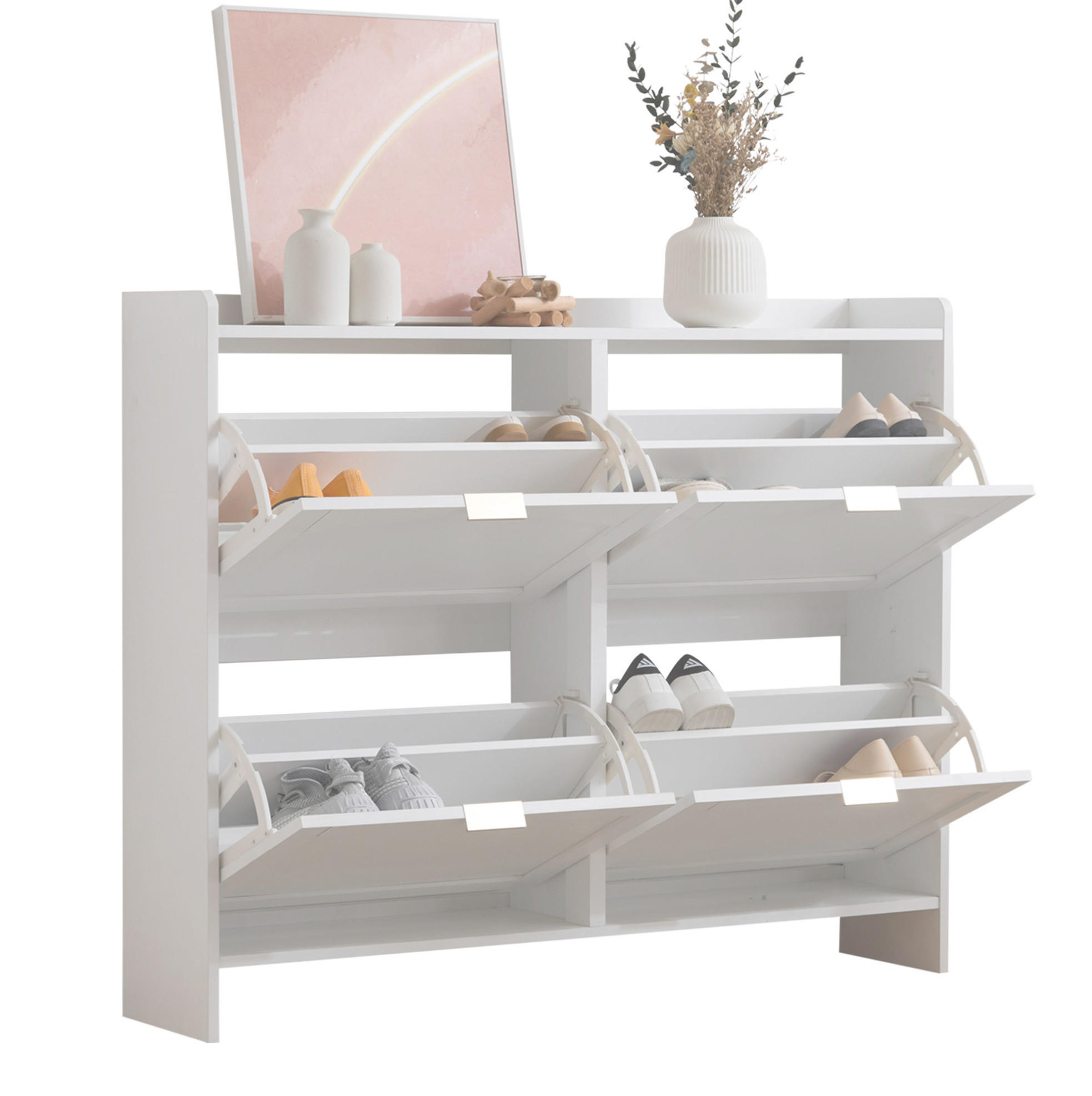 SCHUHSCHRANK 110/24/90 cm in Weiß mit 4 Klappenfächern und offenen Ablagen - Weiß, Holzwerkstoff (110/90/24cm) - Flora Grace