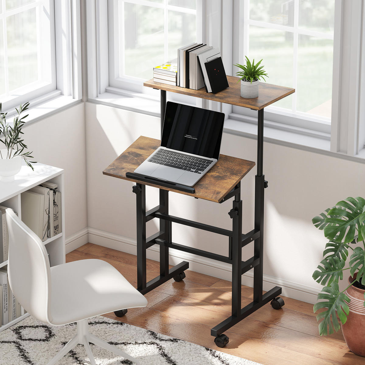 SCHREIBTISCH Höhenverstellbar Küchentisch mit Regal Rollen Rustikal Braun - Schwarz/Braun, Holzwerkstoff/Metall (60/60/120cm) - HOMCOM