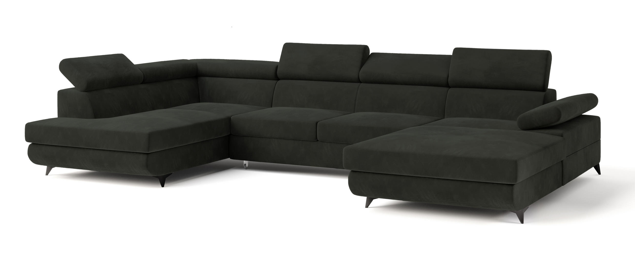 WOHNLANDSCHAFT RUBANO L-S Schwarz Velours-Stoff mit Schlaffunktion - Schwarz, Holz (339/89/190cm) - MASSENO