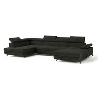 WOHNLANDSCHAFT RUBANO L-S Schwarz Velours-Stoff mit Schlaffunktion - Schwarz, Holz (339/89/190cm) - MASSENO