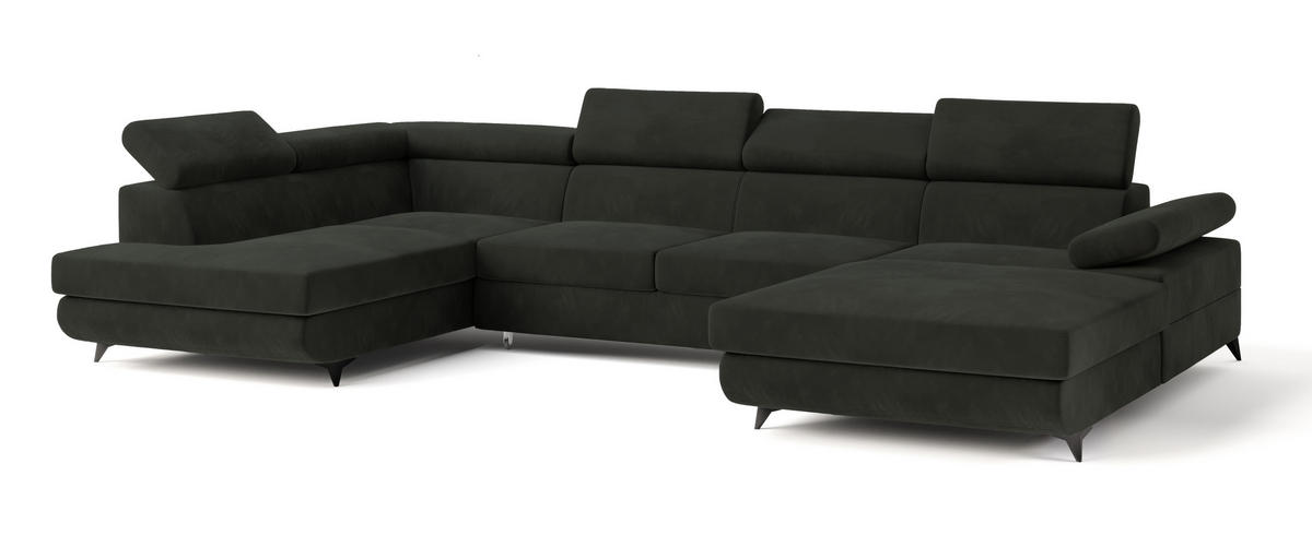 WOHNLANDSCHAFT RUBANO L-S Schwarz Velours-Stoff mit Schlaffunktion - Schwarz, Holz (339/89/190cm) - MASSENO