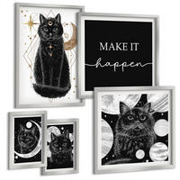 BILDER SET 5er Set - 50x50 cm & 20x30 cm & 40x60 cm Silberner Rahmen - Schwarze Katzen, Mond, Planet - Silberfarben, Kunststoff (40/60cm) - TULUP