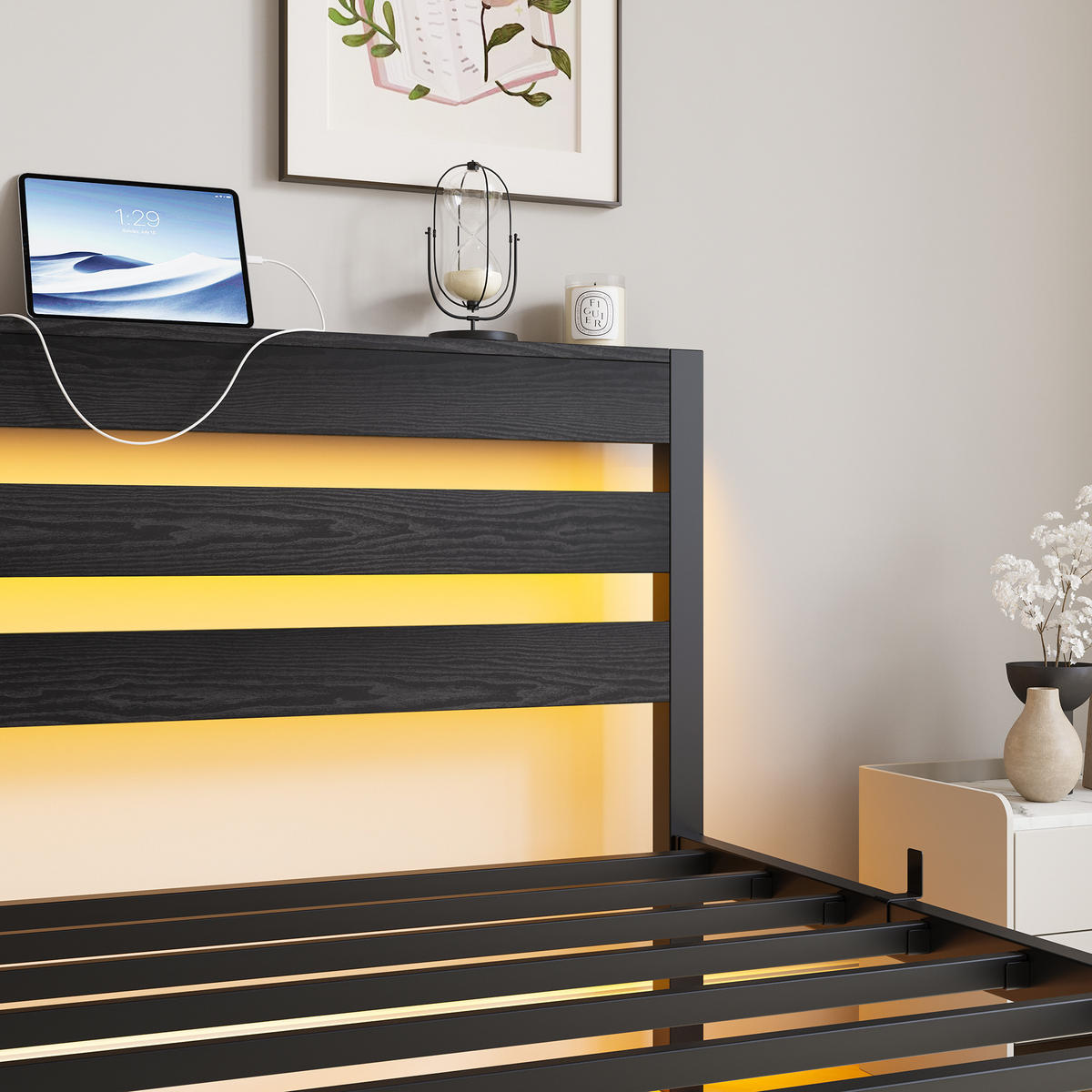 METALLBETT 90x200 cm LED USB Stauraum - Schwarz, Metall (90/200cm) - Fortuna Lai