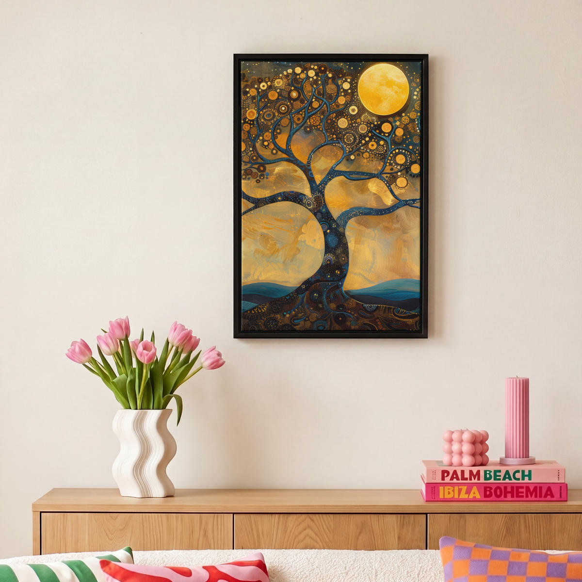 LEINWAND Bilder mit Rahmen - Baum - Mond - Blumen - Gold - Kunst - 20x30 - Orange, Textil (20/30cm) - MuchoWow