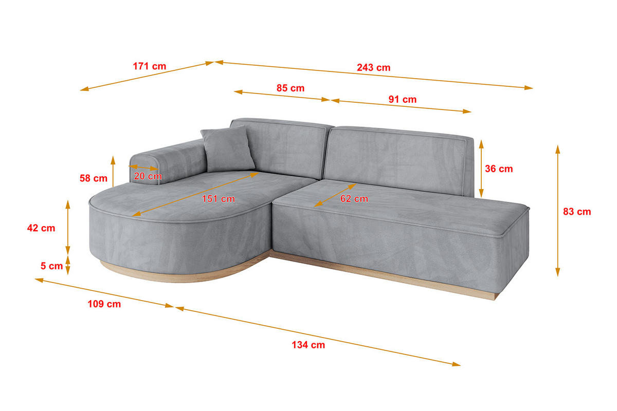 ECKSOFA Ottomane Links ARRIO-L1 - 243x171x83 cm Hellgrau - Schwarz/Grau, Holzwerkstoff/Kunststoff (243/171cm) - ALTDECOR