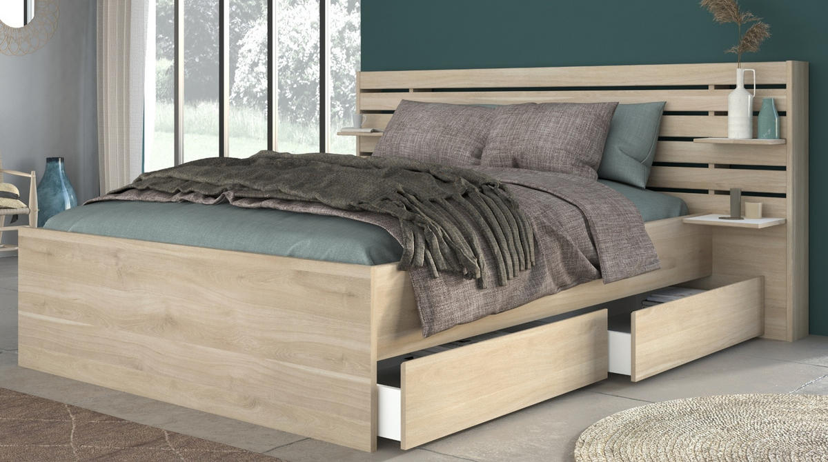 STAURAUMBETT Eiche japanisch, Bett Liegefläche 180 x 200 cm - Eichefarben, Holzwerkstoff/Metall (180/200cm) - Parisot Meuble