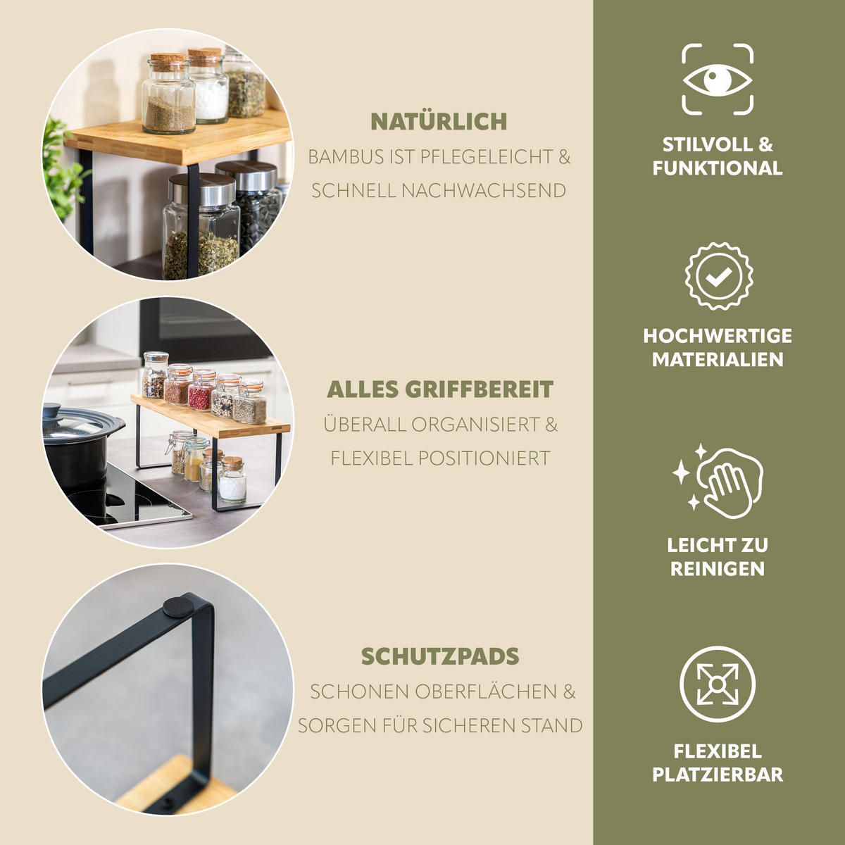 KÜCHENREGAL 2er-Set Bambus - Schwarz, Holz (50/15/16cm) - bremermann