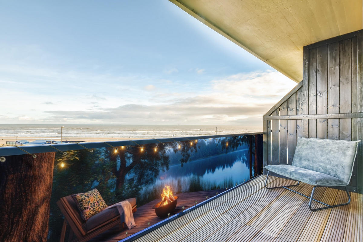 BALKON-SICHTSCHUTZ Lagerfeuer - See - Abendlicht - Dunkelblau, Kunststoff (500/75cm) - MuchoWow
