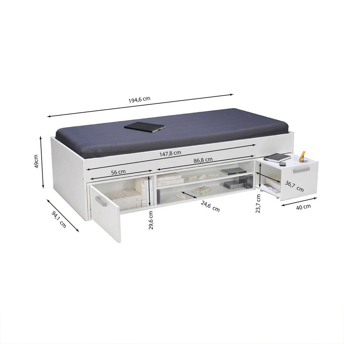 STAURAUMBETT TESS/ 90x190 - Weiß - Weiß, Holzwerkstoff (90/190cm) - Weber Industries