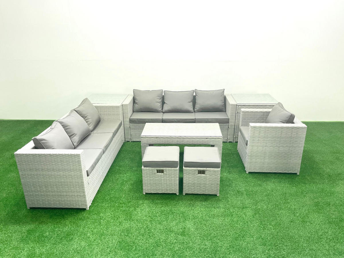 GARTENSOFA hohe Rückenlehne Polyrattan Hellgrau-Mix 9-Sitzer - Hellgrau/Grau, Glas/Kunststoff - Fimous