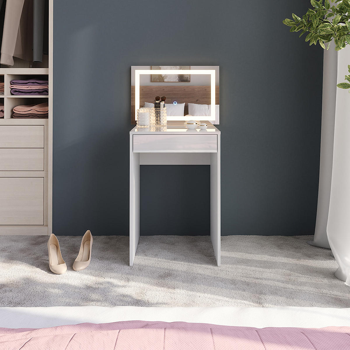 SCHMINKTISCH Sherry Weiß/Weiß Hochglanz 51.4 cm mit LED-Spiegel - Weiß Hochglanz, Holzwerkstoff (51.4/76/50.1cm) - Vicco