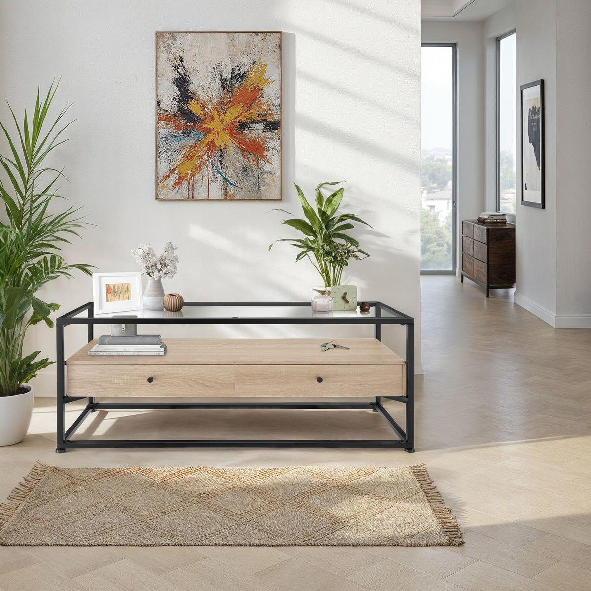 LOWBOARD Maidenhead,121,5 x 41,5 x 50,5 cm,Industrial Holz hell, Eiche Sonoma - Naturfarben, Holzwerkstoff (41.5/50.5/121.5cm) - tectake