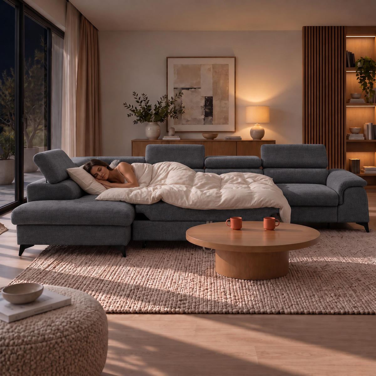 ECKSOFA PLAZA MAXI Links mit Schlaffunktion 127x195 Velours Dunkelgrau - Dunkelgrau/Schwarz, Holz/Textil (350/203cm) - Muffo