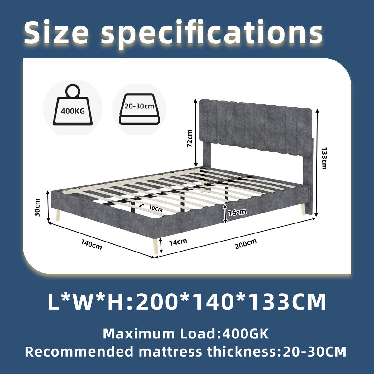 POLSTERBETT 140/200 cm DE-32951 mit hohem Kopfteil und Matratze Grau - Grau, Metall (140/200cm) - ComfortXL