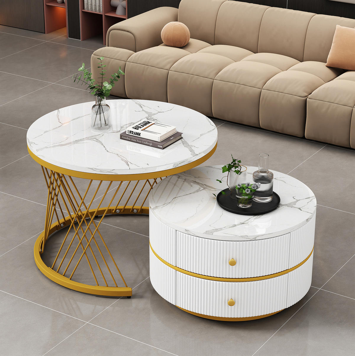COUCHTISCH-SET aus MDF 60x60x46 cm & 50x50x30,8 cm Weiß mit 2 Schubladen und hochglänzender Marmoroptik - Weiß, Holzwerkstoff (60/60/46cm) - Modfu