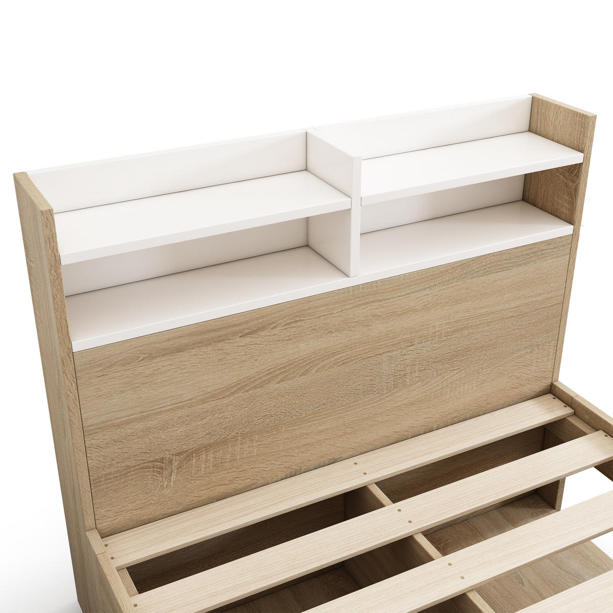 EINZELBETT 90/200 cm mit Kopfteil-Ablage, 2 Schubladen und offenen Fächern aus Holz, Weiß/Eiche - Weiß, Holzwerkstoff (90/200cm) - Redom