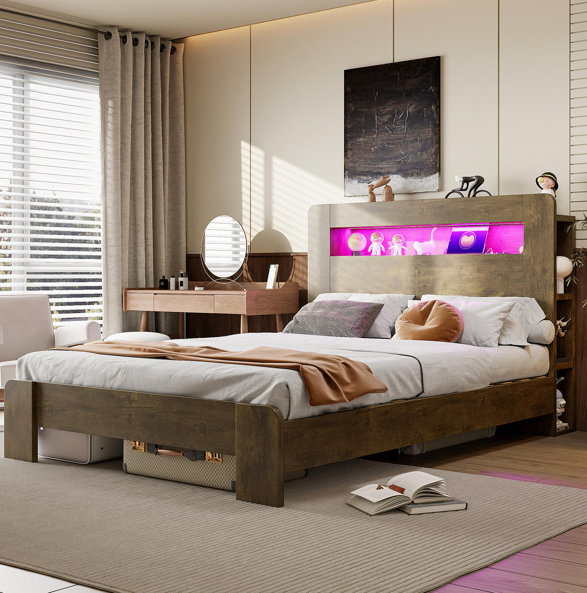 STAURAUMBETT 140/200 cm Vintage-Holz mit LED und Steckdosen - Naturfarben, Holz (140/200cm) - MIVRAY